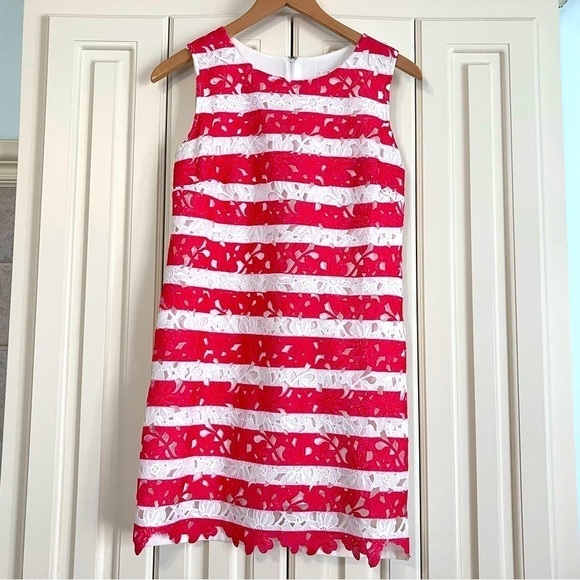 Esley Coral and White Stripped Mini Shift Dress with Lace Overlay Size Small - Picture 1 of 4